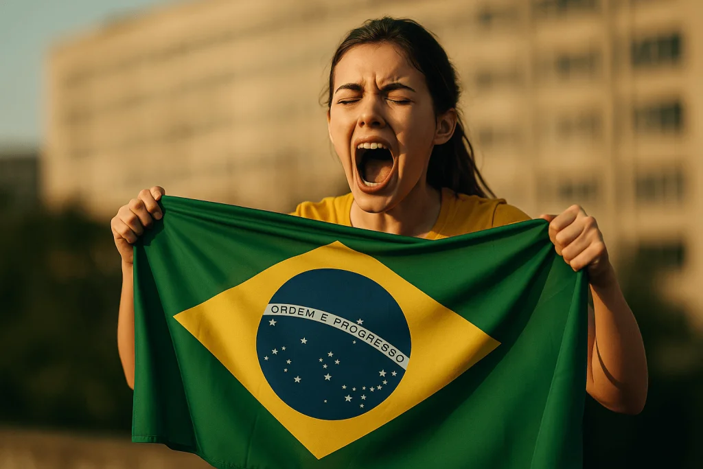 Estudante brasileira segurando a bandeira do Brasil com expressão intensa, representando a pressão por resultados no Enem e exames internacionais como TOEFL e IELTS."