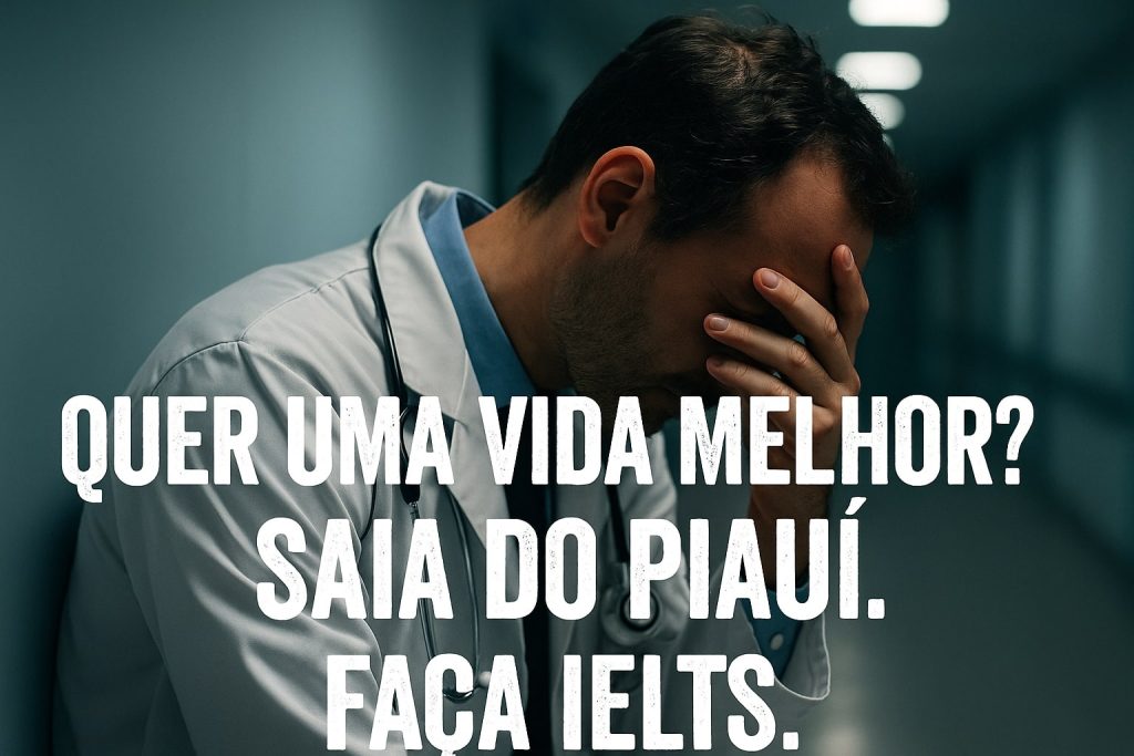 Médico exausto sentado no corredor de um hospital em Teresina, iluminação dramática, expressão de cansaço e a frase “Teresina em Emergência. E o seu IELTS?” sobreposta.