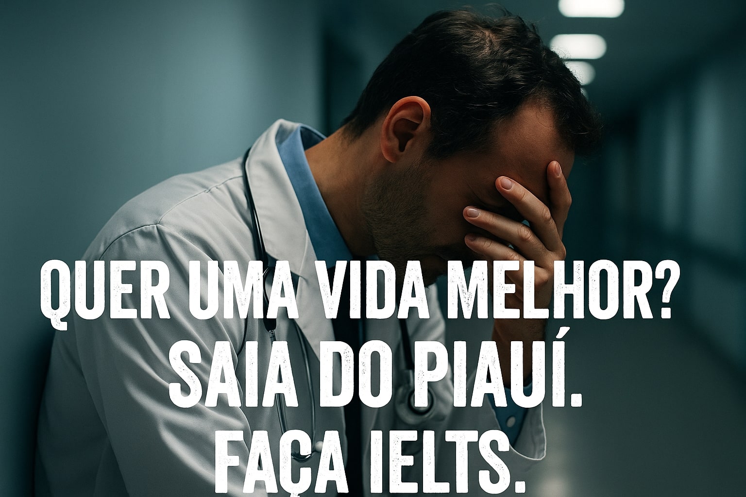 Médico exausto sentado no corredor de um hospital em Teresina, iluminação dramática, expressão de cansaço e a frase “Teresina em Emergência. E o seu IELTS?” sobreposta.