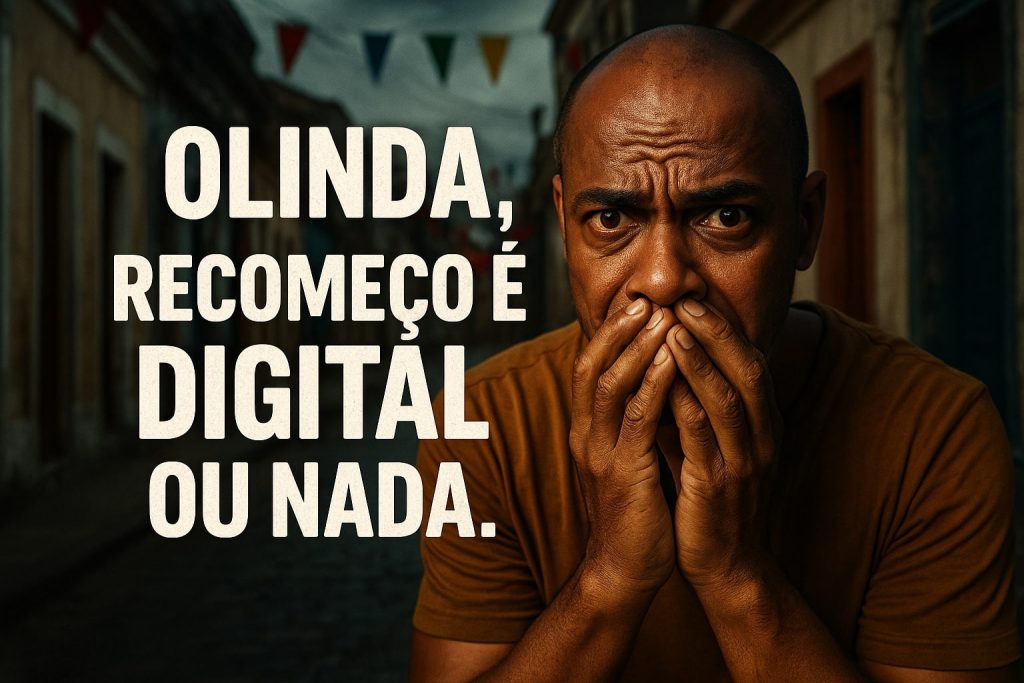 Homem frustrado no centro de Olinda lendo notícia de despejo, com texto provocativo sobre carreira e IELTS